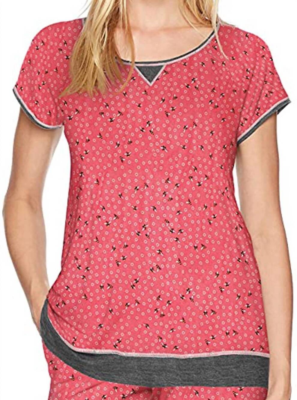 NEW LAYLA women's scoop neck printed pajama top in coral pink